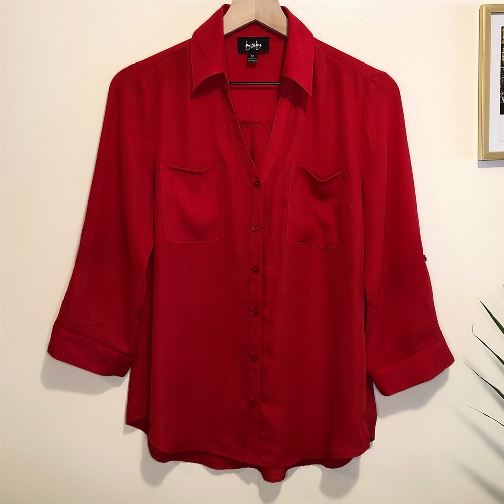 Red Button Up Long-Sleeve Blouse